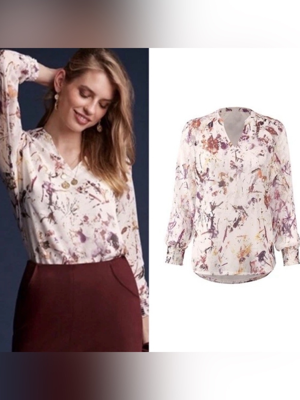 Cabi Goddess Women's Cream Floral V-Neck Long-Sleeve Blouse Size Small